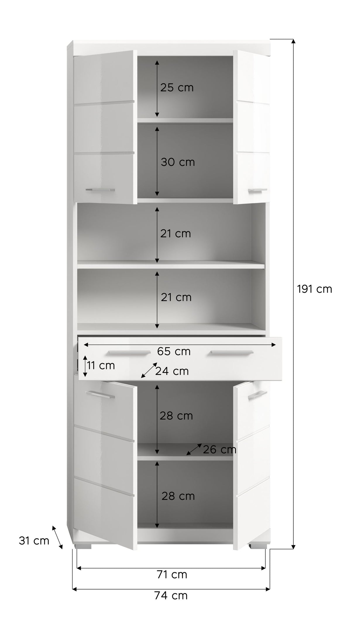 Badhochschrank mit offenen Fächern, Schubladen und Türen, weißes Hochglanz-Finish
