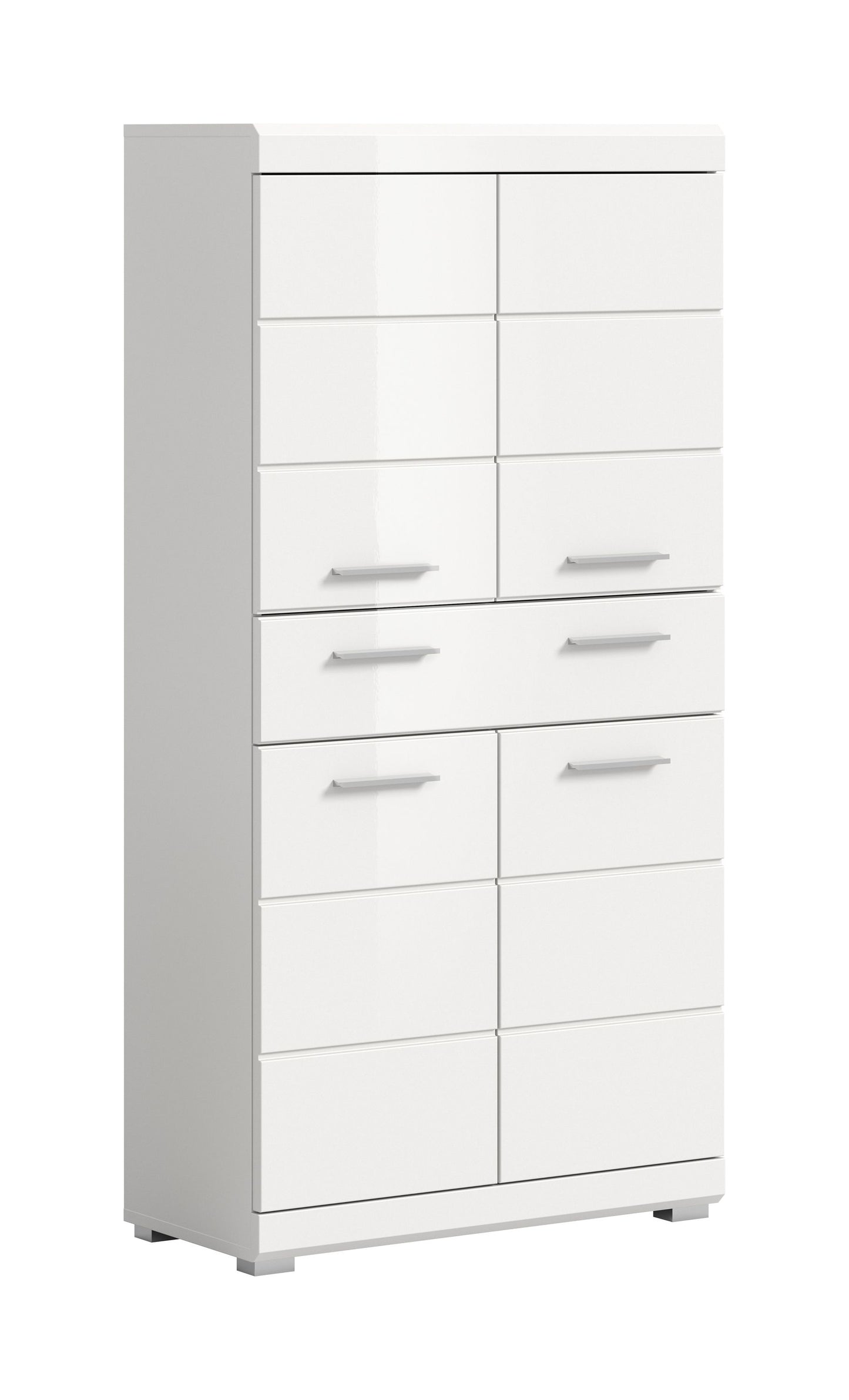 Badschrank mit Schubladen und Türen, weiße Hochglanzfront und horizontale Griffleisten