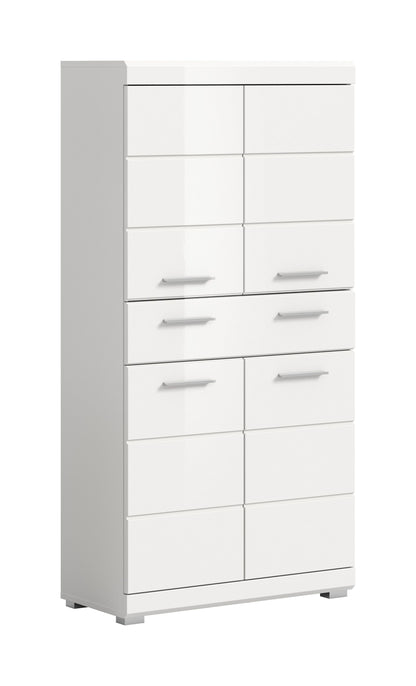 Badschrank mit Schubladen und Türen, weiße Hochglanzfront und horizontale Griffleisten