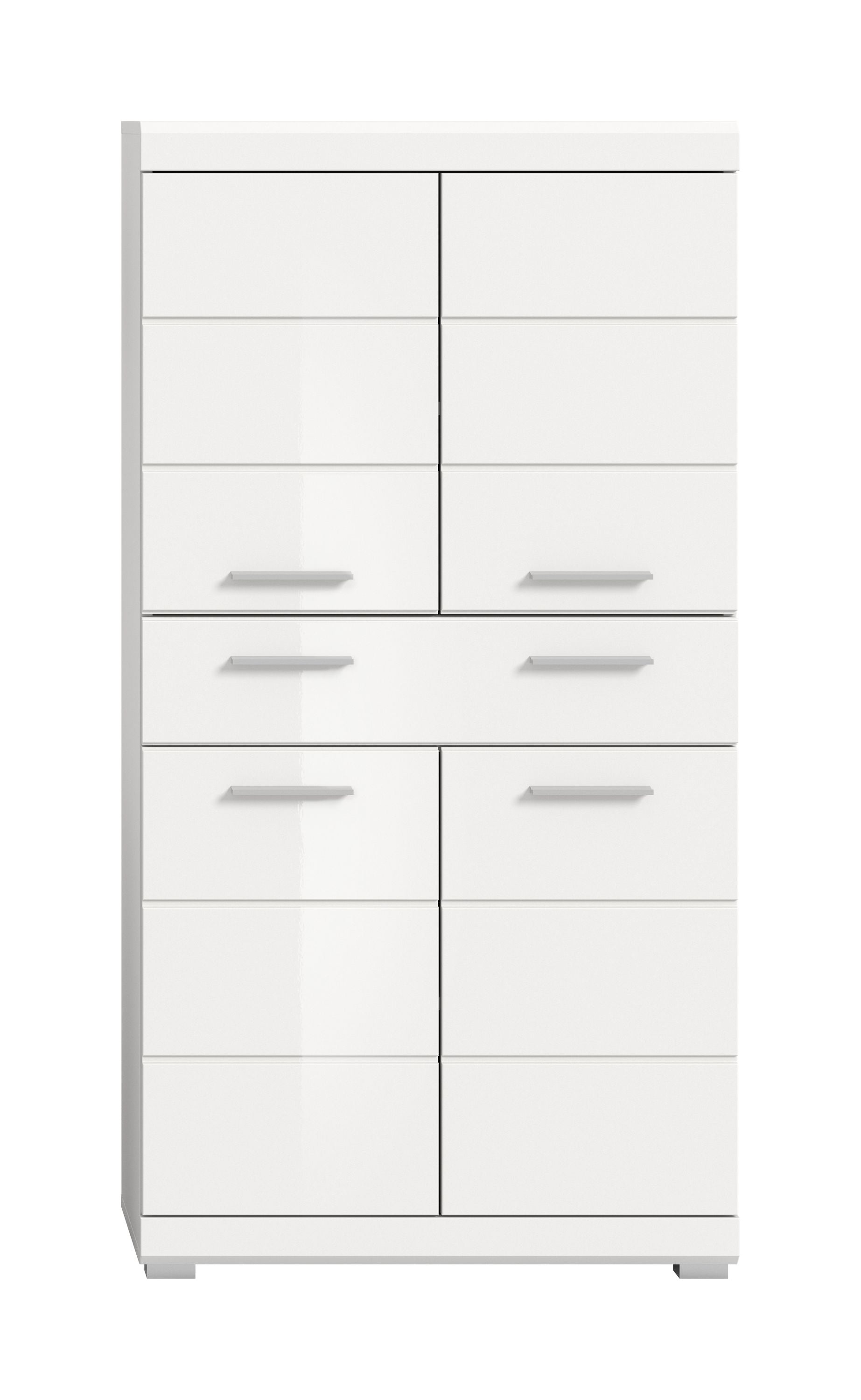 Badschrank mit Türen und Schubladen, weiße Front, eingelassene Griffleisten