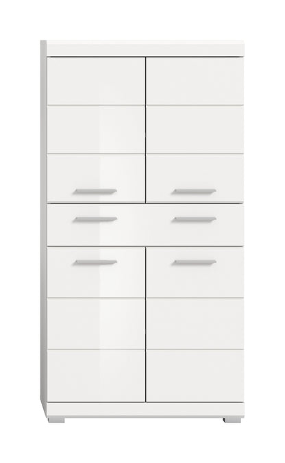 Badschrank mit Türen und Schubladen, weiße Front, eingelassene Griffleisten