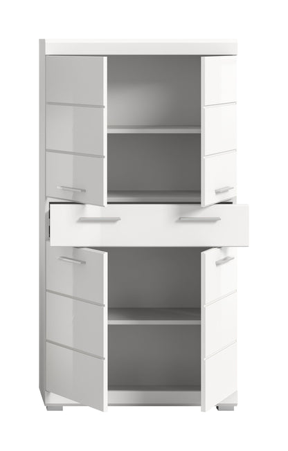 Badhochschrank mit zwei Klappen, zwei Einlegeböden und Schublade, weiß lackiert
