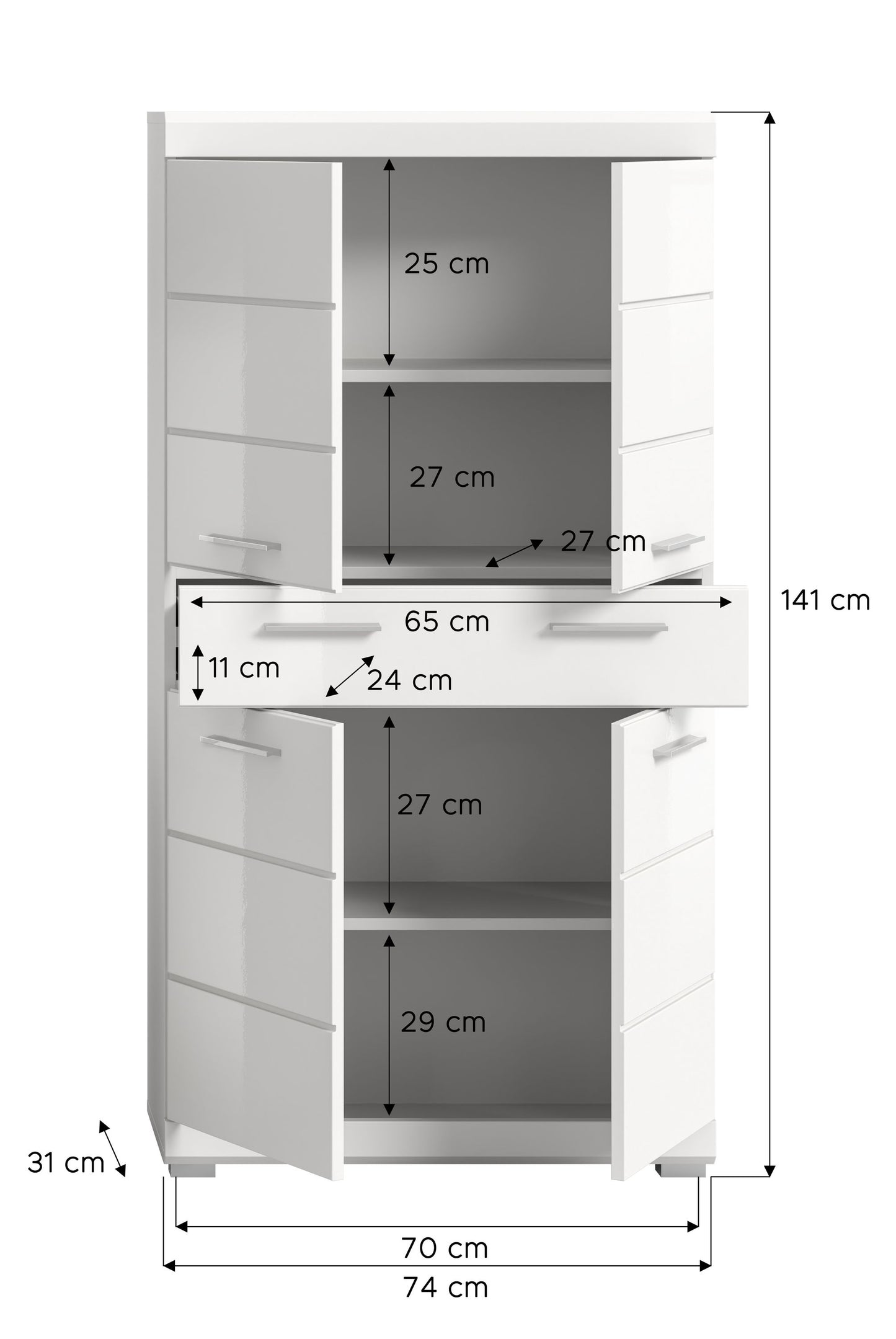 Badhochschrank, Maßangaben am Schrank: Breite 74 cm, Höhe 141 cm