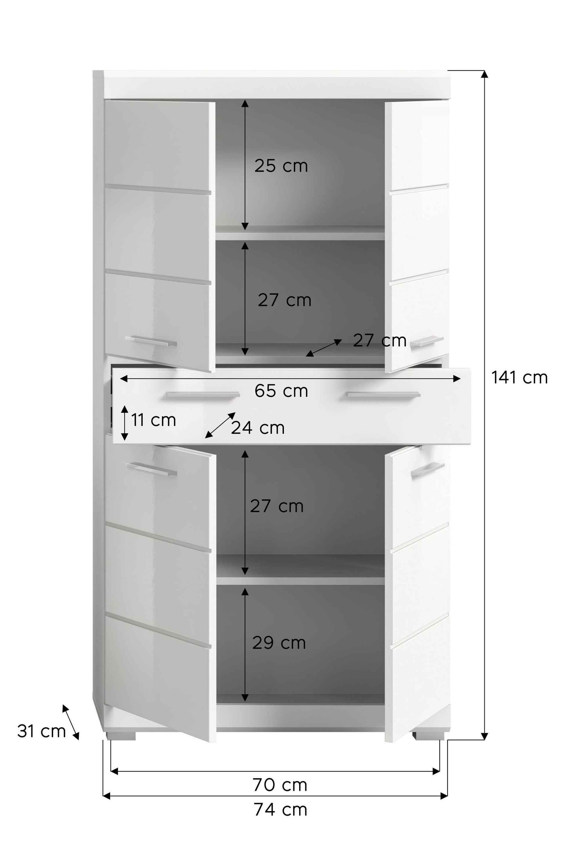 Badhochschrank, Maßangaben am Schrank: Breite 74 cm, Höhe 141 cm
