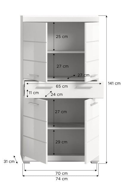 Badhochschrank, Maßangaben am Schrank: Breite 74 cm, Höhe 141 cm