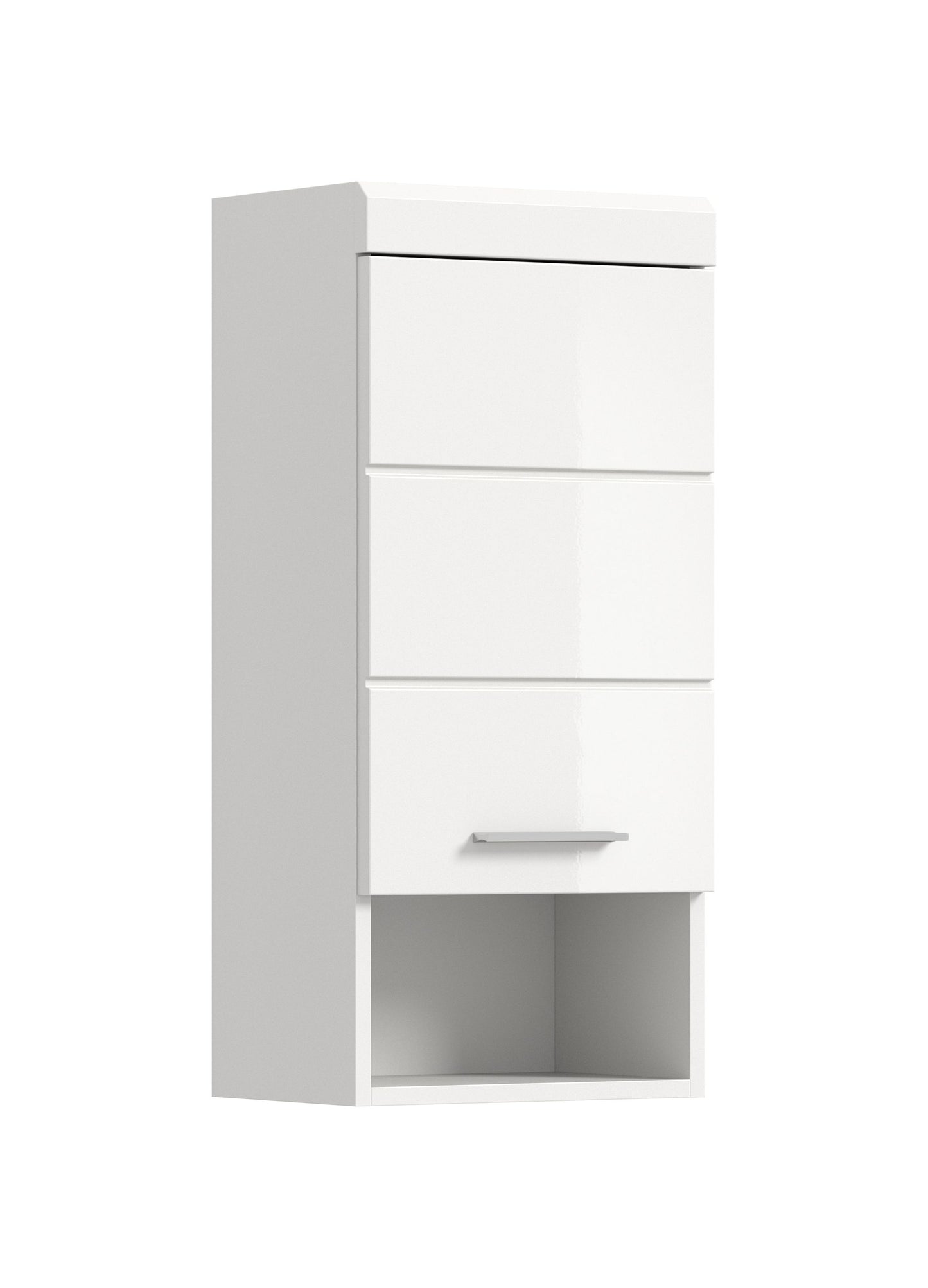 Weißer Badezimmerschrank mit offenen Fächern, obere Ablageflächen und Schublade
