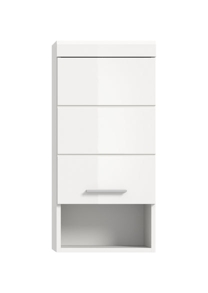 Badezimmerschrank mit Hochglanzfront, unten offenes Fach und seitlicher Griffleiste, weiß