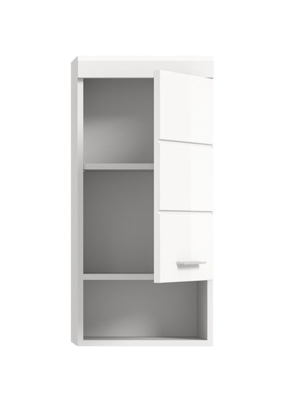 Badezimmerschrank offen, weißer Korpus mit Ablagefächern und Schublade, unteres Fach