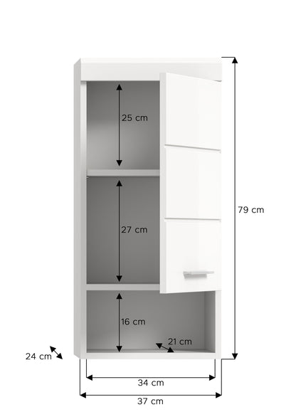 Badezimmerschrank Maßskizze: 79 cm Höhe, offene Fächer, Hochglanzfront