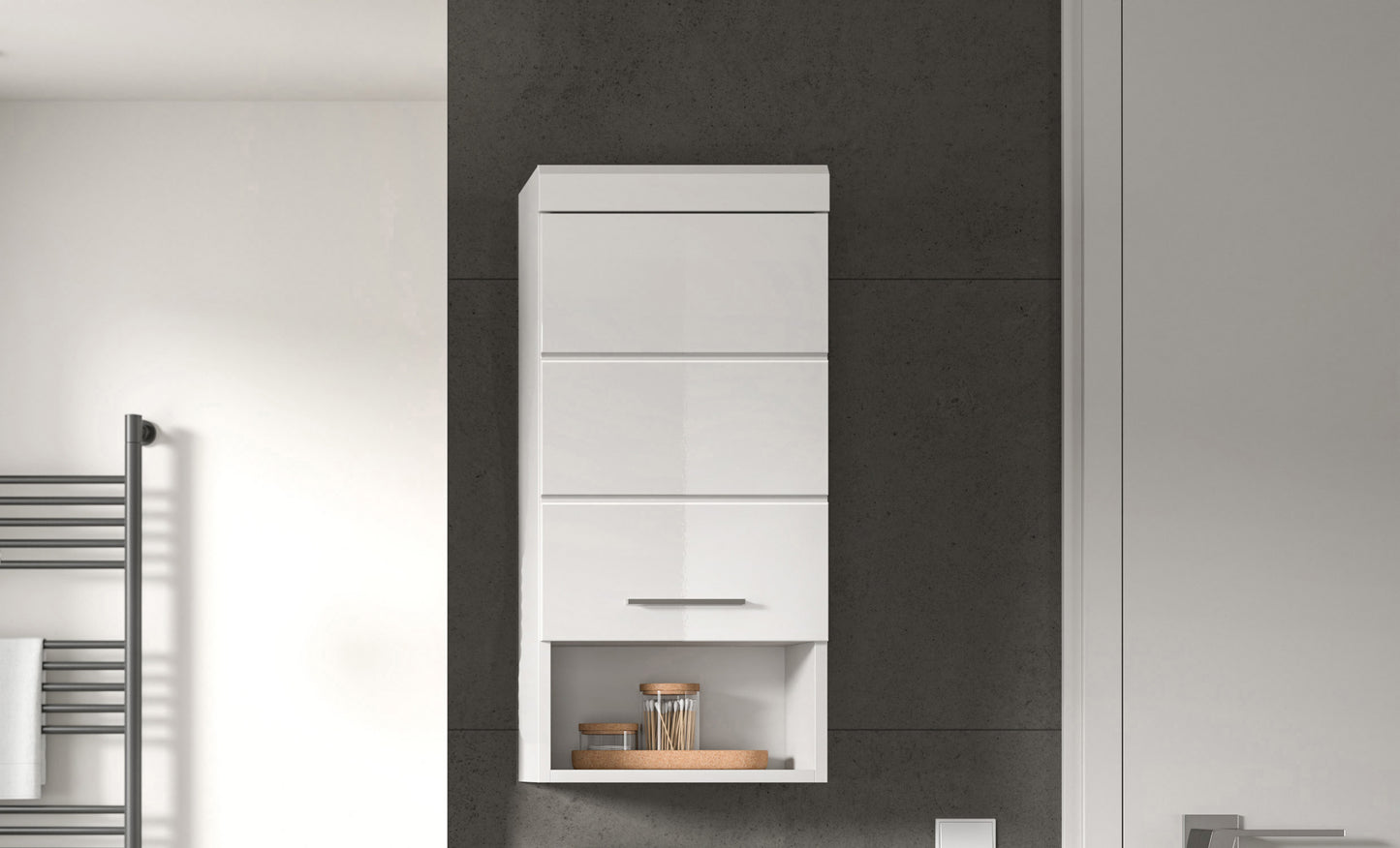 Badezimmerschrank mit offenen Fächern und Griff, weiß, hochglänzende Front