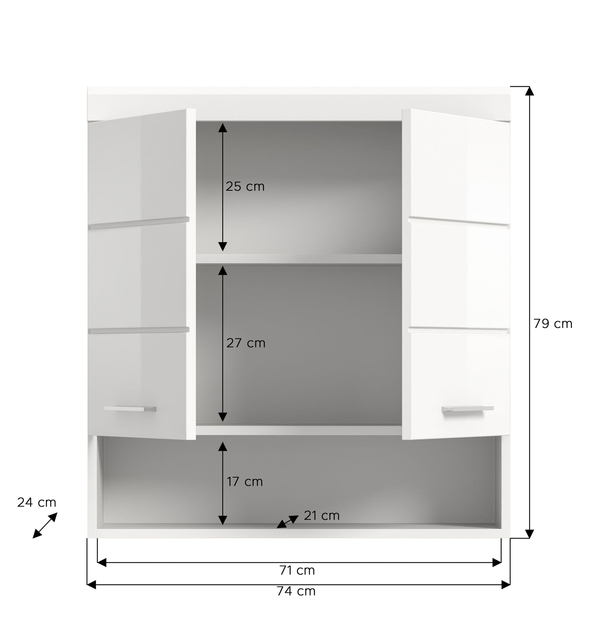 Badezimmerschrank mit offenen Innenfächern und Maßangaben, Hängemodell