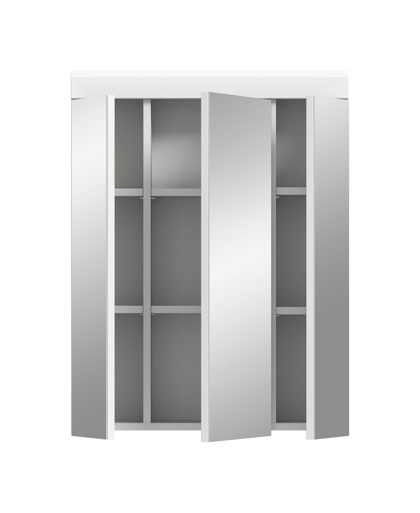 Badspiegelschrank mit 3 Spiegeltüren, Innenraum mit Fächern bei geöffneter Tür
