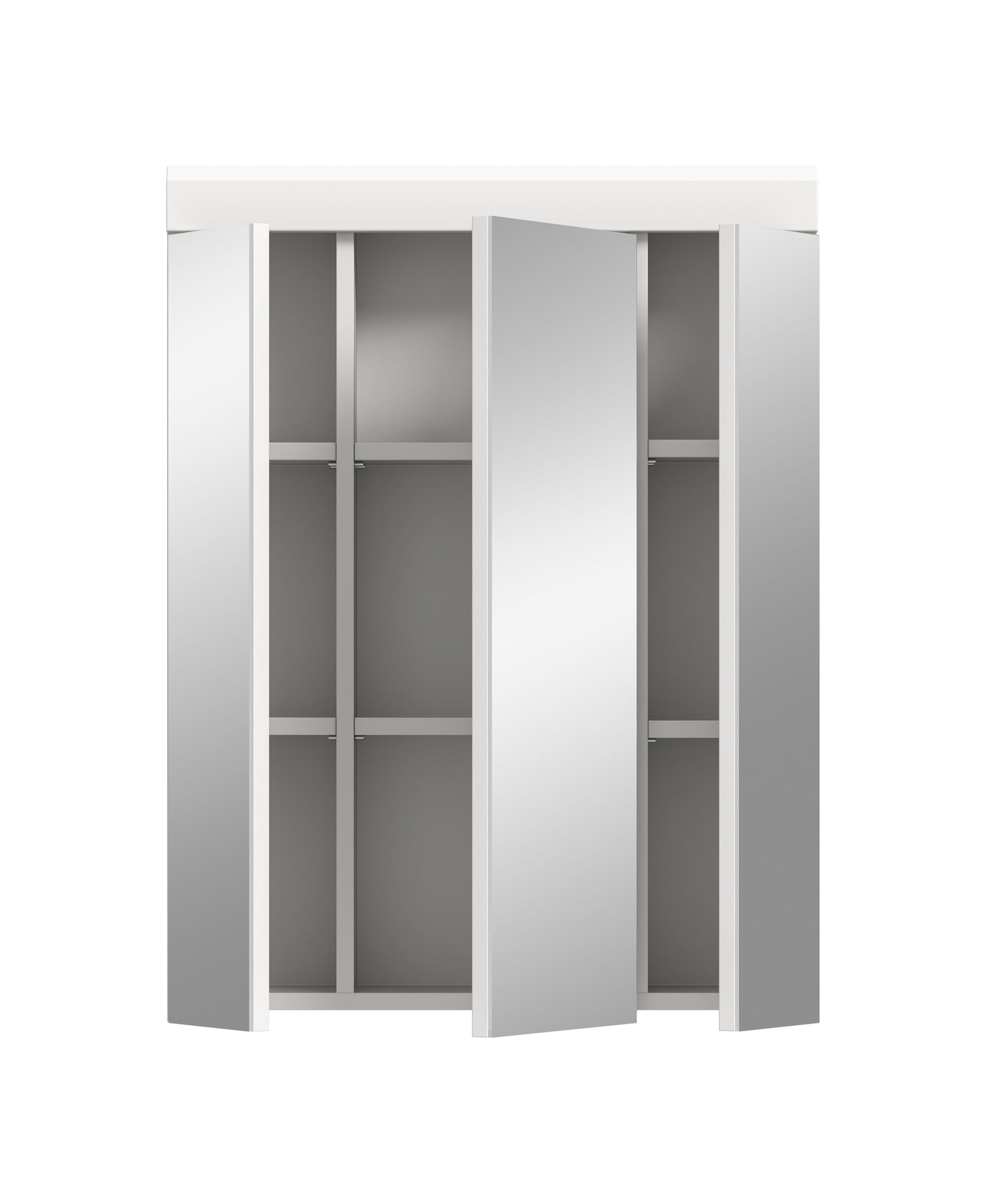 Badspiegelschrank mit 3 Spiegeltüren, Innenraum mit Fächern bei geöffneter Tür