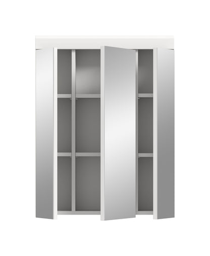 Badspiegelschrank mit 3 Spiegeltüren, Innenraum mit Fächern bei geöffneter Tür