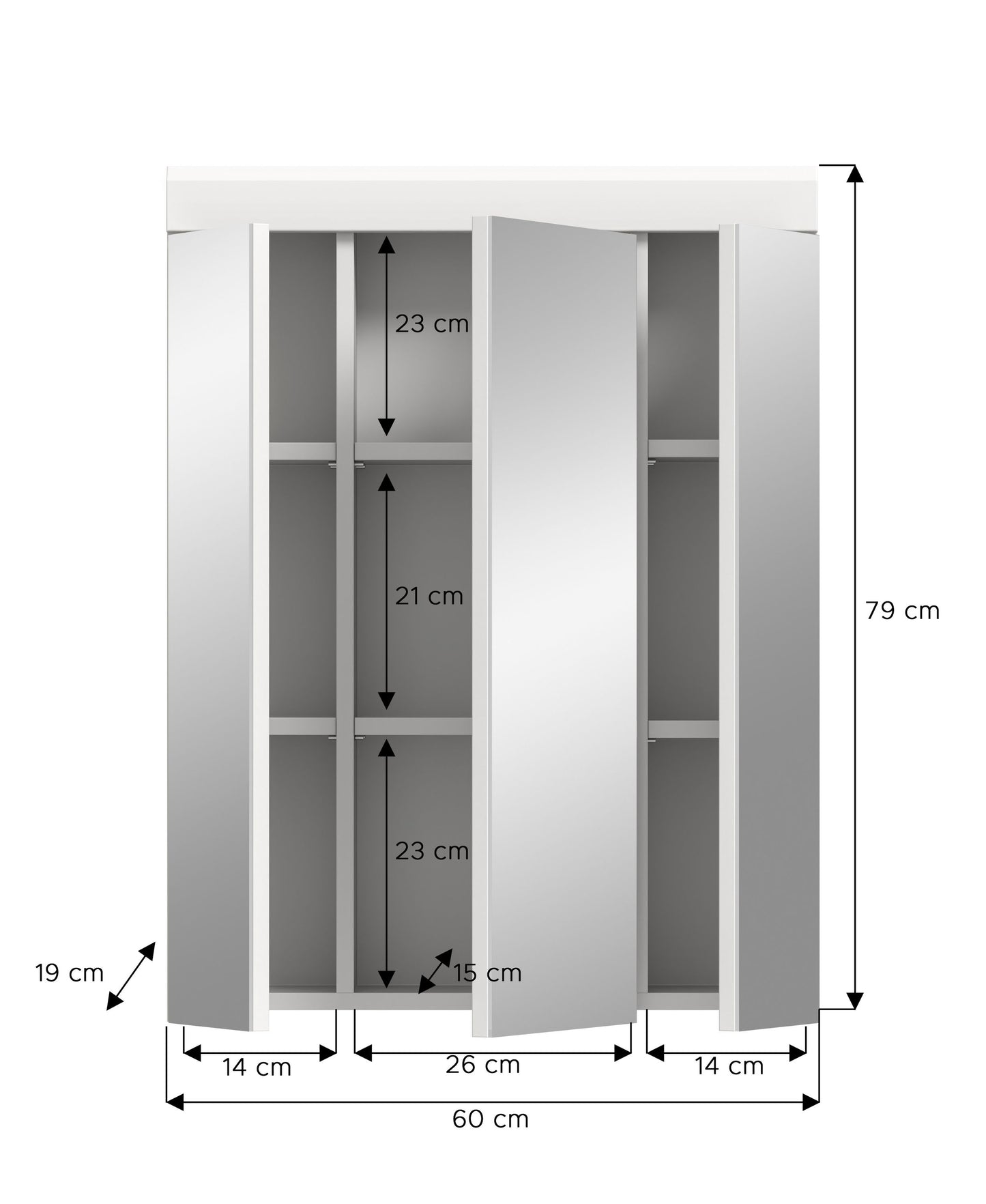 Badspiegelschrank mit 3 Spiegeltüren, 60 cm, weißer Korpus, Innenfächer