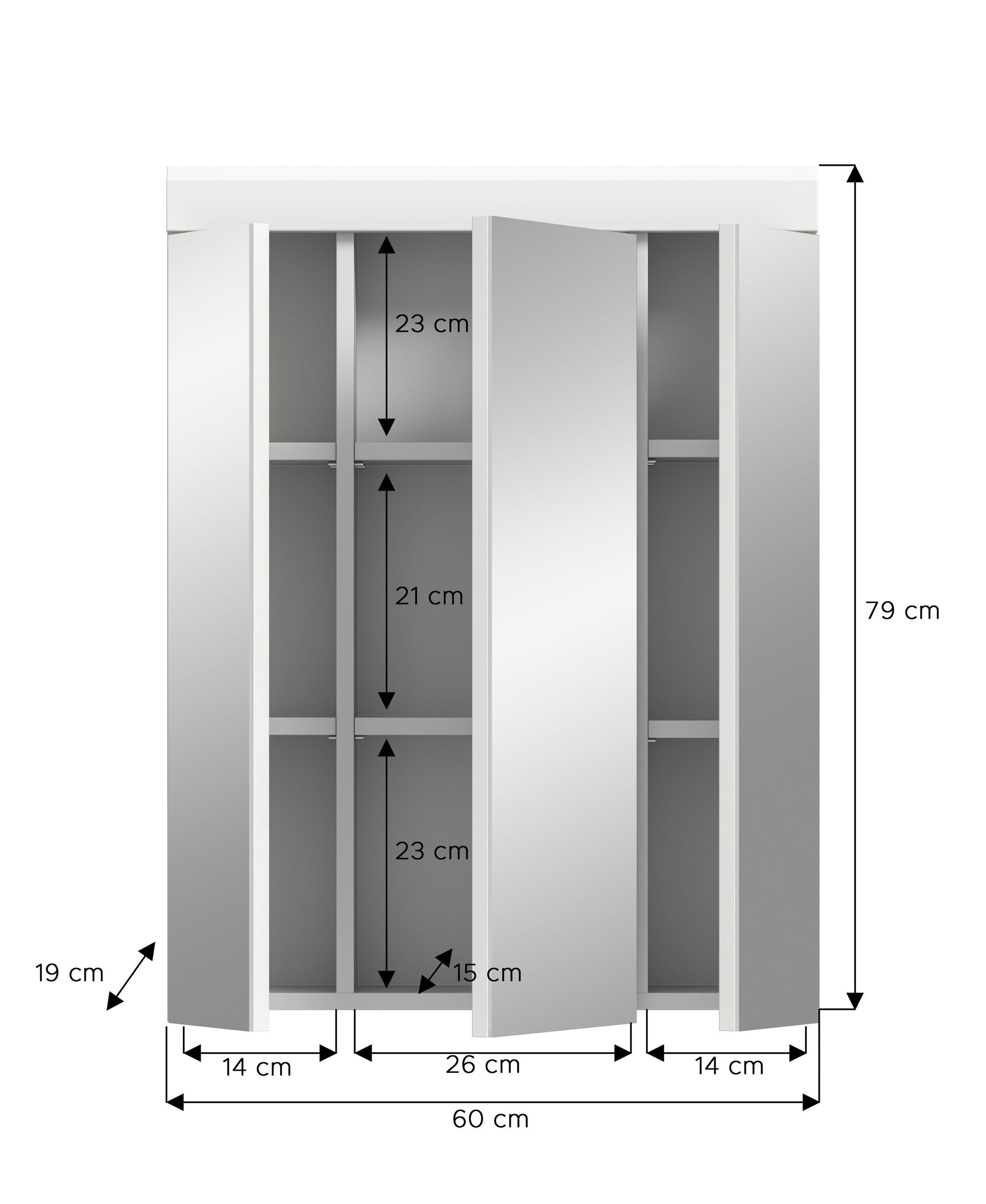 Badspiegelschrank mit 3 Spiegeltüren, 60 cm, weißer Korpus, Innenfächer