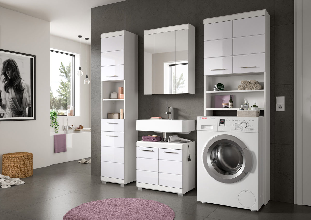 Waschmaschinenüberbau mit Ablagefächern, weißes Frontdesign über Waschmaschine