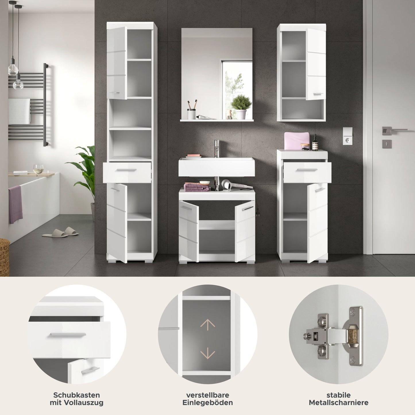 Homes & Jones Badmöbel 4tlg. Set, Badezimmerset mit Hochglanz Fronten
