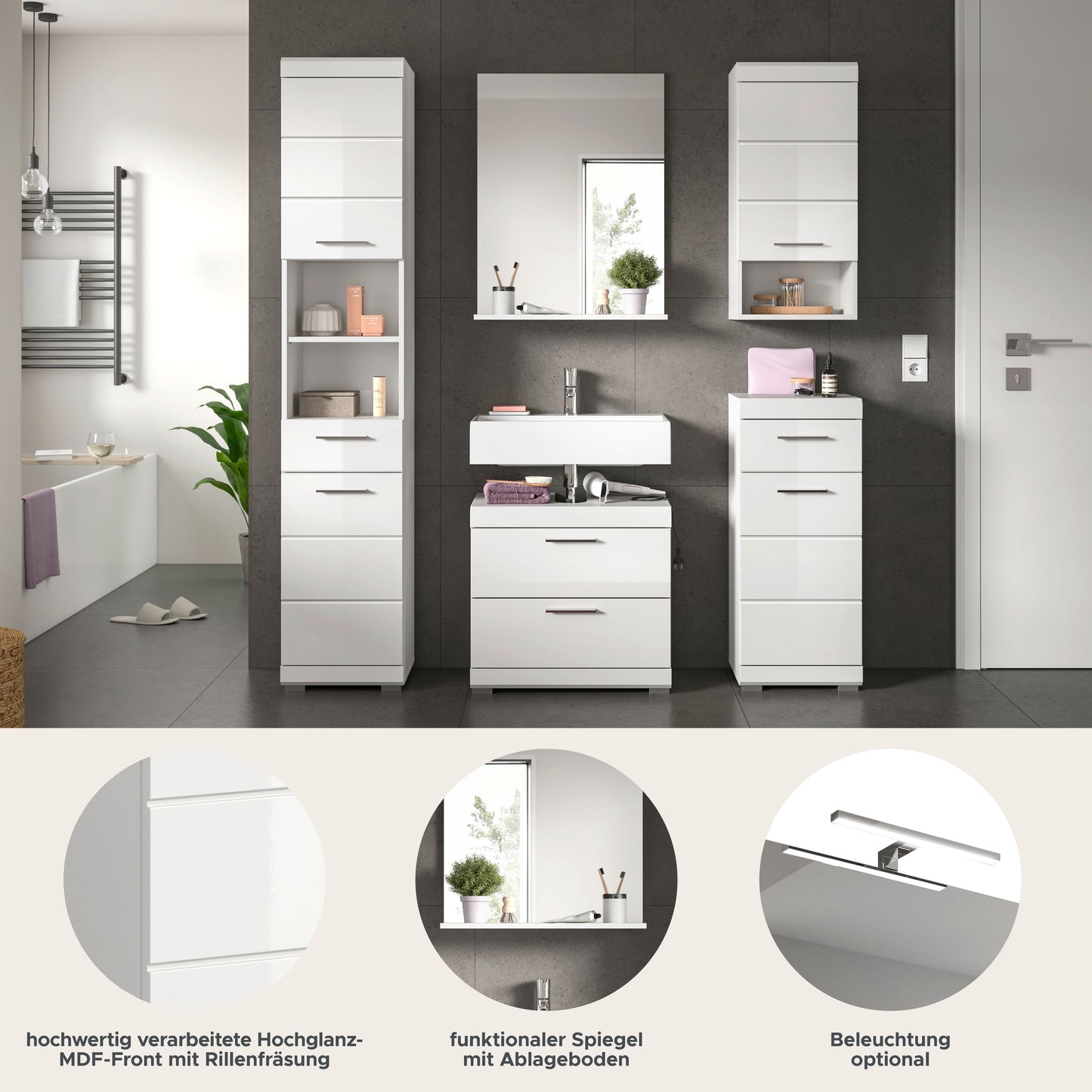 Homes & Jones Badmöbel 4tlg. Set, Badezimmerset mit Hochglanz Fronten