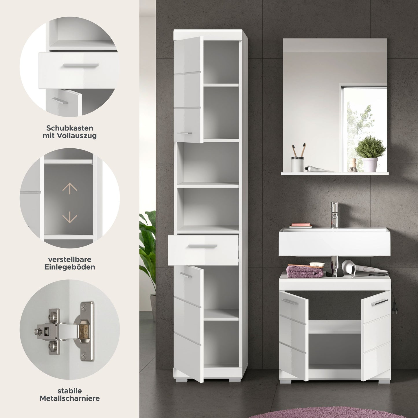 Homes & Jones Badmöbel 3tlg. Set, Badezimmerset mit Hochglanz Fronten