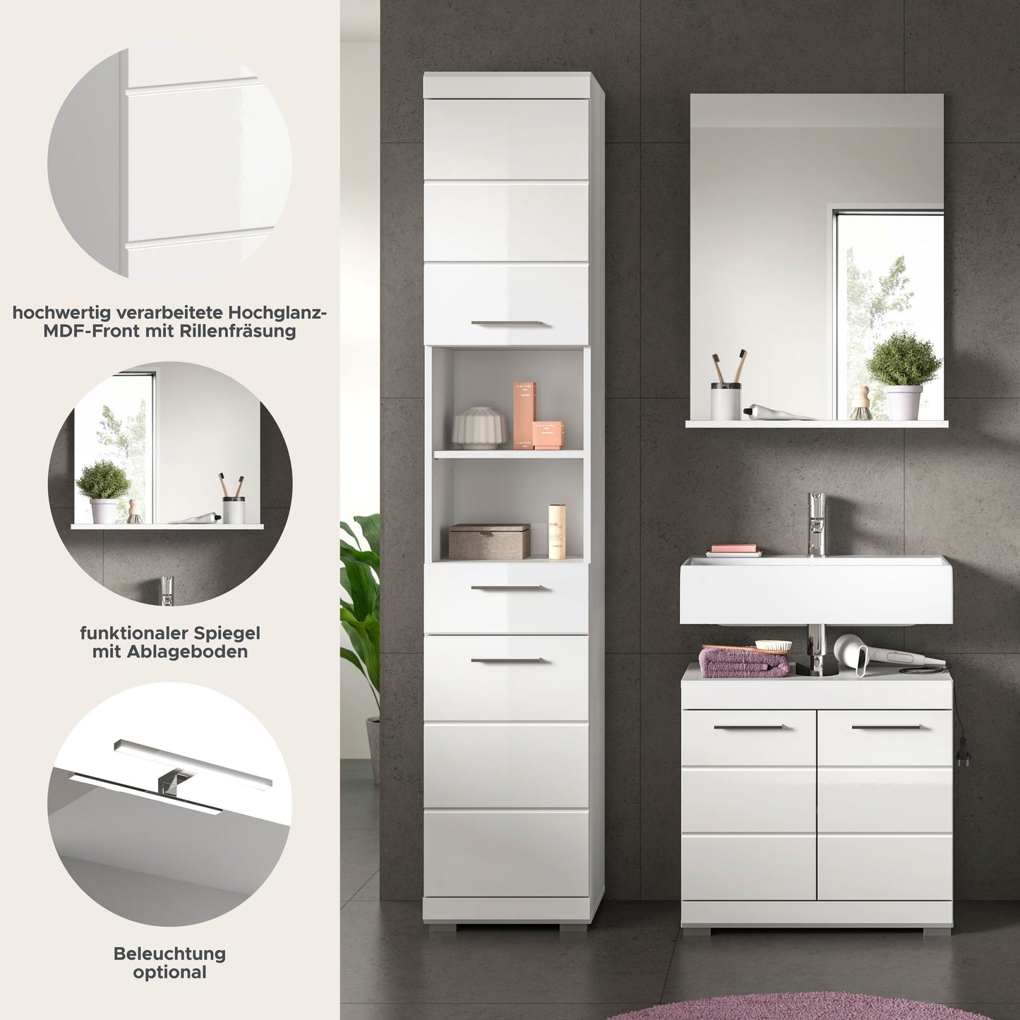 Homes & Jones Badmöbel 3tlg. Set, Badezimmerset mit Hochglanz Fronten