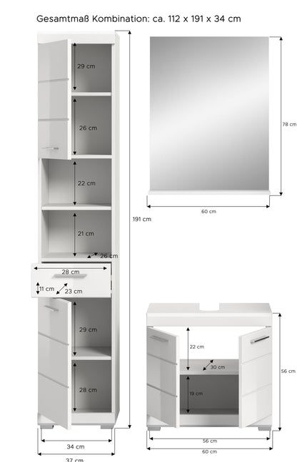 Homes & Jones Badmöbel 3tlg. Set, Badezimmerset mit Hochglanz Fronten