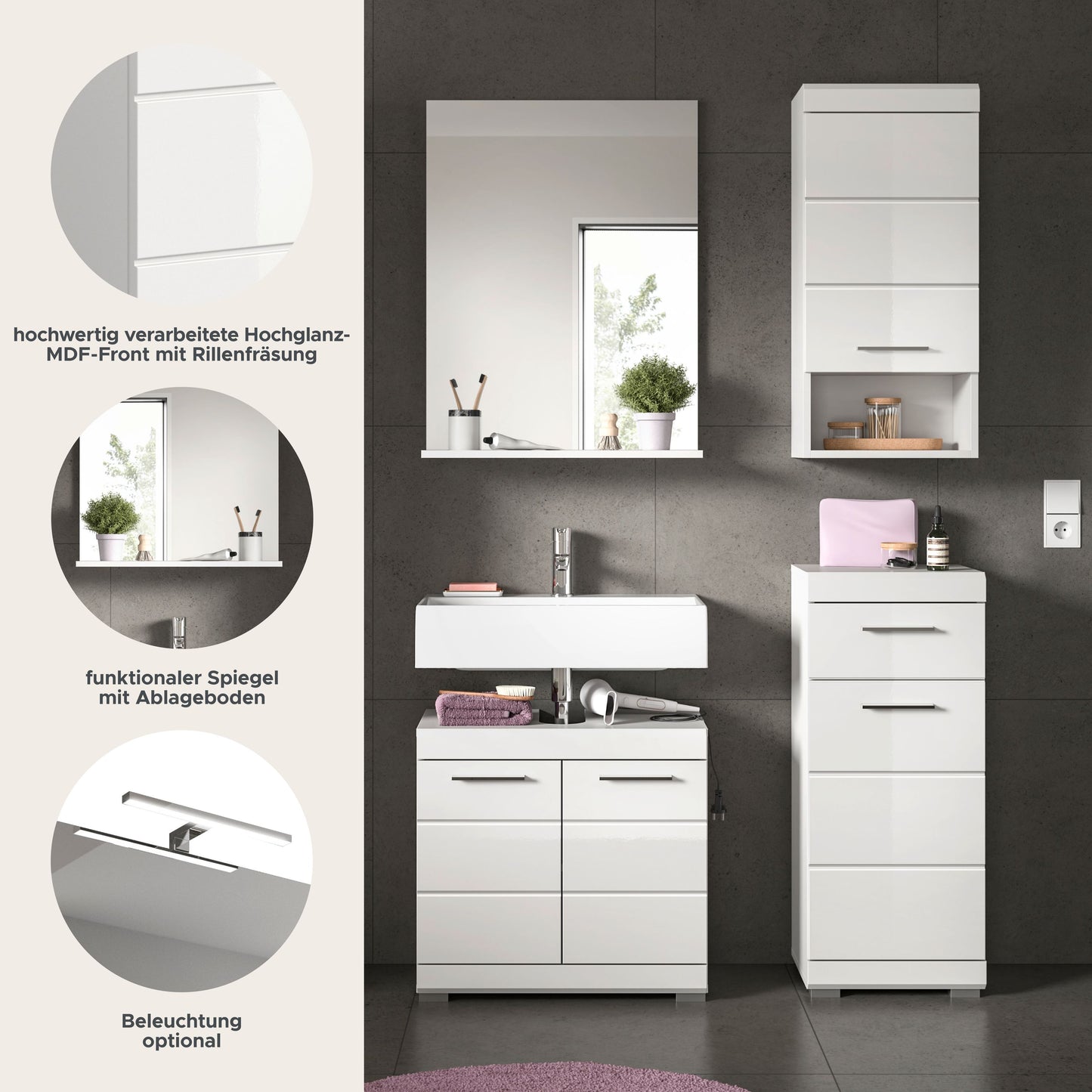 Homes & Jones Badmöbel 4tlg. Set, Badezimmerset mit Hochglanz Fronten