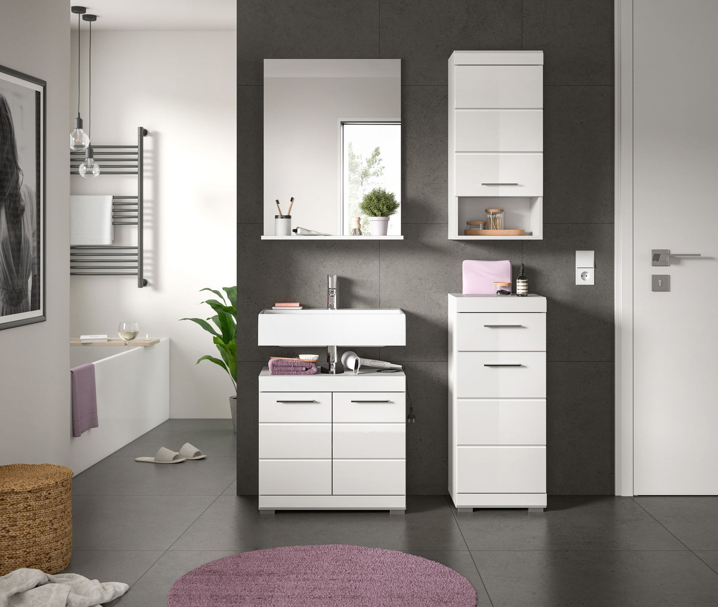Homes & Jones Badmöbel 4tlg. Set, Badezimmerset mit Hochglanz Fronten