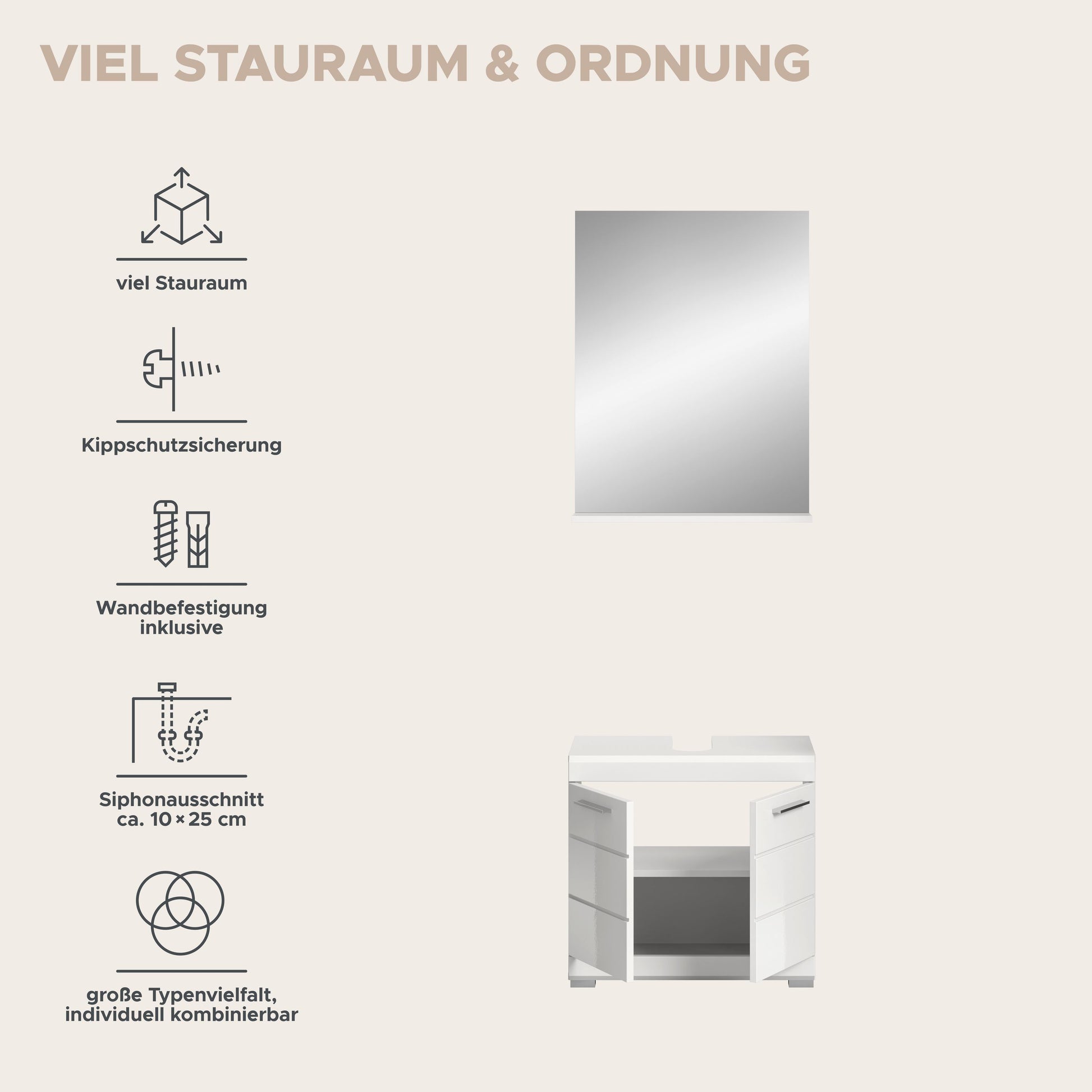Infografik: Stauraum, Kippschutzsicherung, Wandbefestigung und Sipho-Varianten