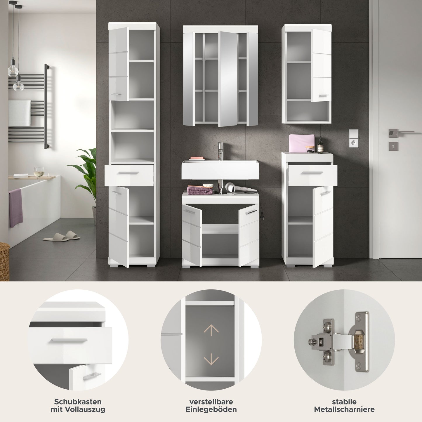 Badezimmerset mit Waschtisch, Spiegelschrank und Hochschränken, weiß und anthrazit