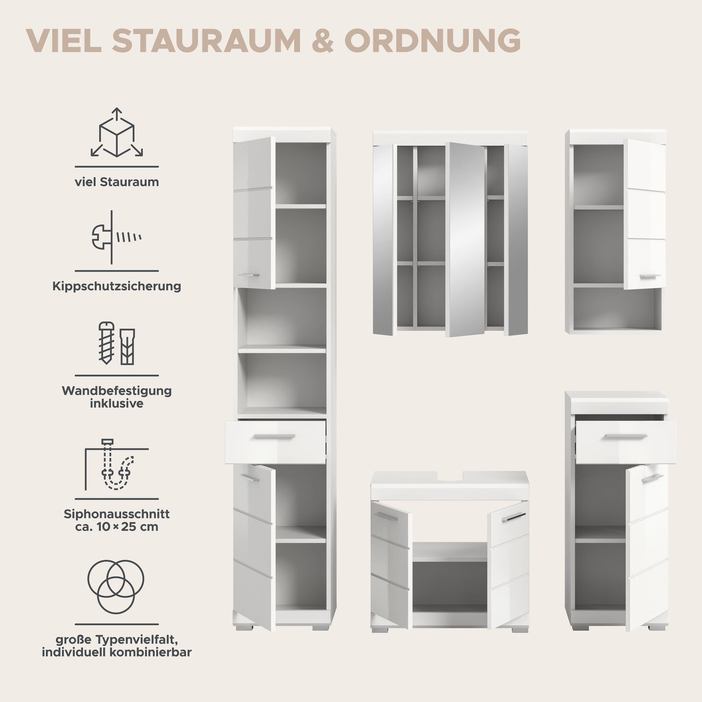 Badezimmermöbel-Set mit Hochschränken und Waschtischunterschrank, weiß