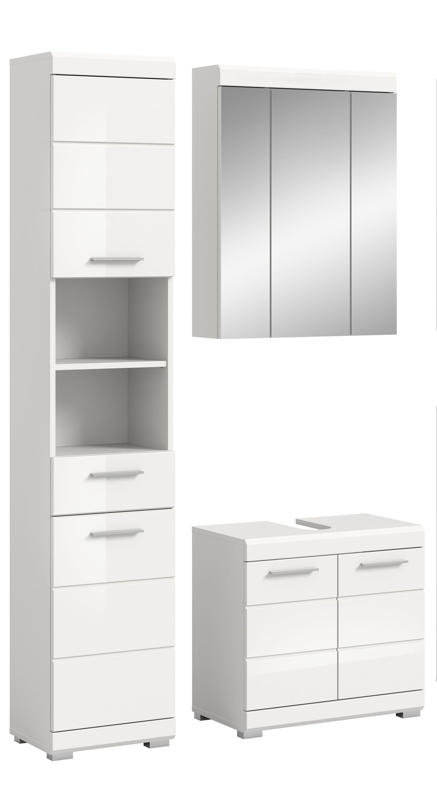 Badezimmerset 3-teilig in Weiß: Hochschrank, Spiegelschrank und Waschtisch