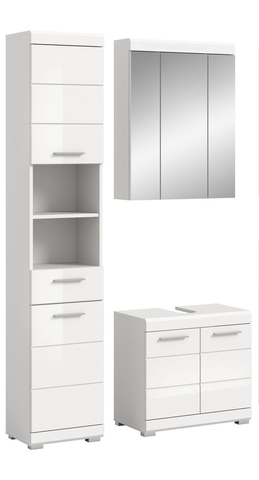 Badezimmerset 3-teilig in Weiß: Hochschrank, Spiegelschrank und Waschtisch
