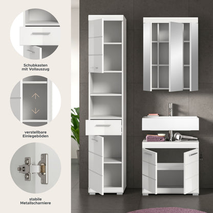 Badezimmerset mit Hochschrank, Spiegelschrank und Waschkommode in Weiß