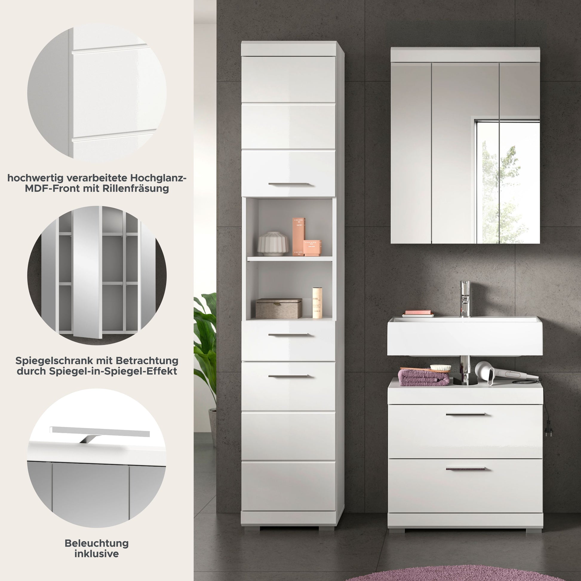 Badezimmerset mit Spiegelschrank und Hochschrank, Fronten in Weiß