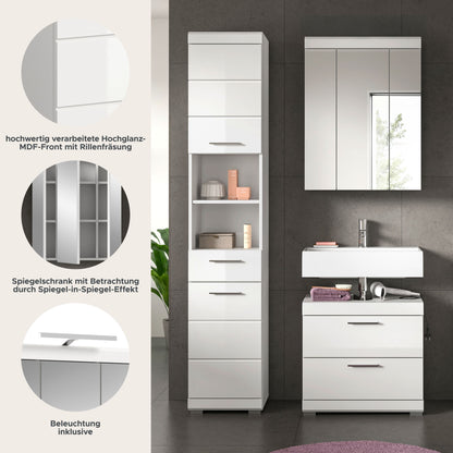 Badezimmerset mit Spiegelschrank und Hochschrank, Fronten in Weiß
