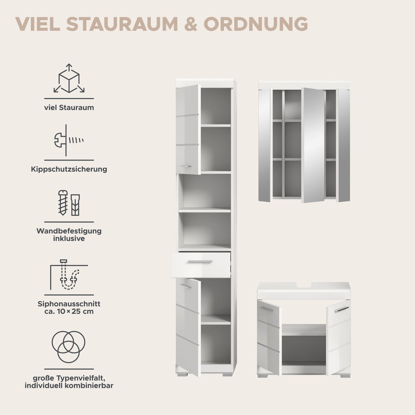 Badezimmerset 3-teilig in Weiß: Hochschrank und Waschtischunterschrank