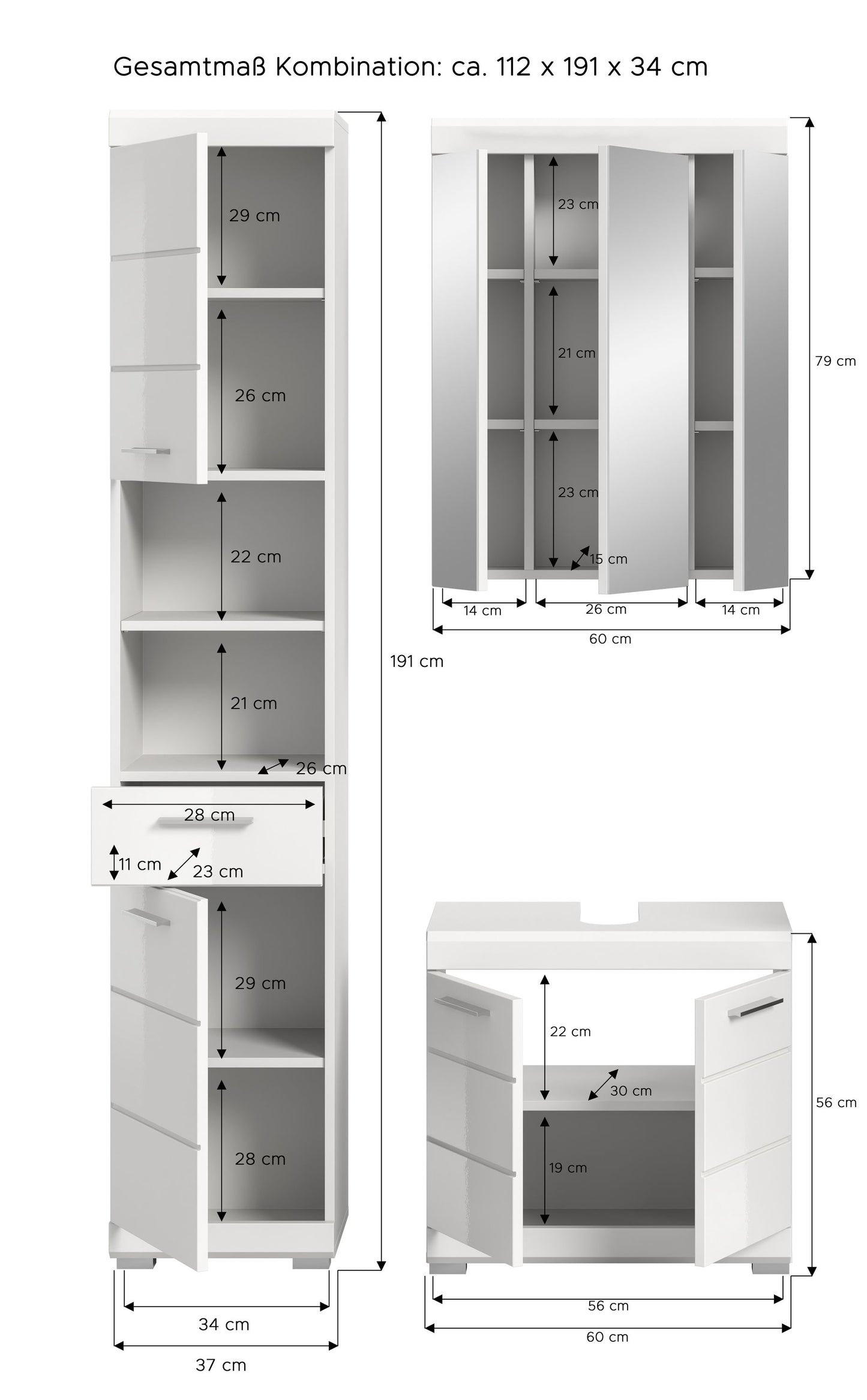 Maßzeichnung Badezimmerset 3-teilig: Hochschrank und Waschtischunterschrank