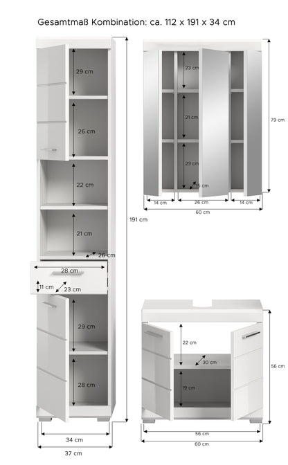Maßzeichnung Badezimmerset 3-teilig: Hochschrank und Waschtischunterschrank
