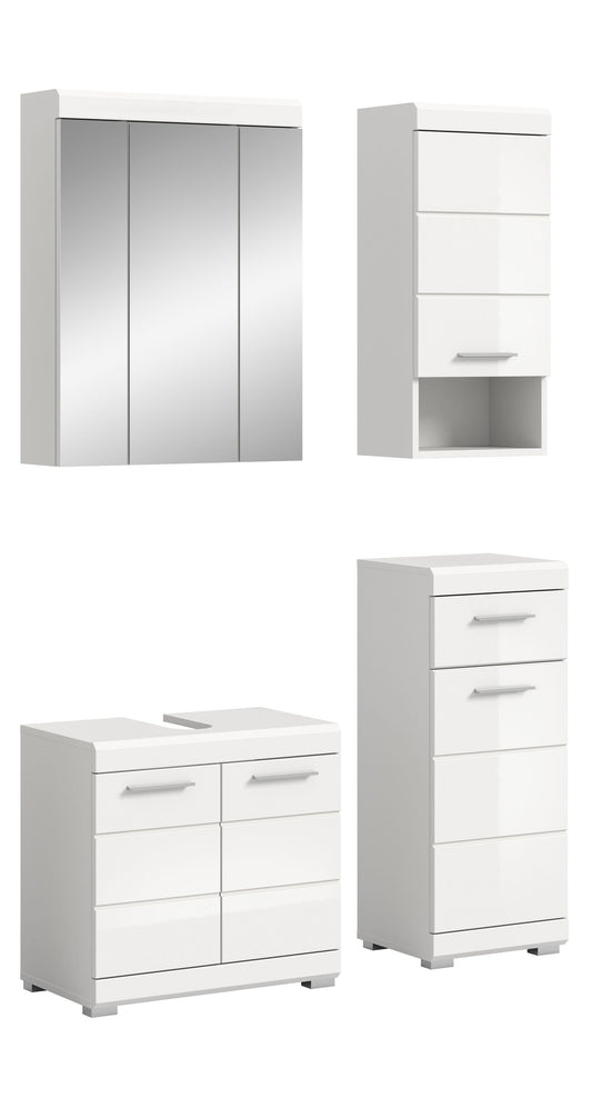 Weißes Badezimmerset mit Spiegelschrank, Waschtischunterschrank und Hochschrank mit Schubladen
