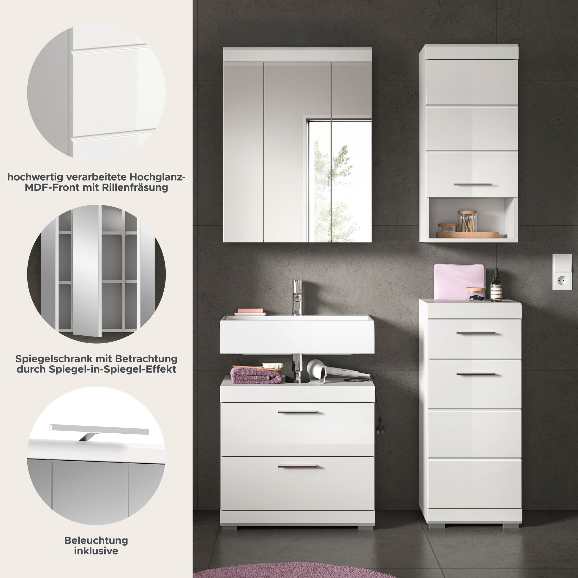 Badezimmerset mit Spiegelschrank und Schubladenfronten am Waschtisch- und Hochschrank