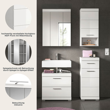 Badezimmerset mit Spiegelschrank und Schubladenfronten am Waschtisch- und Hochschrank