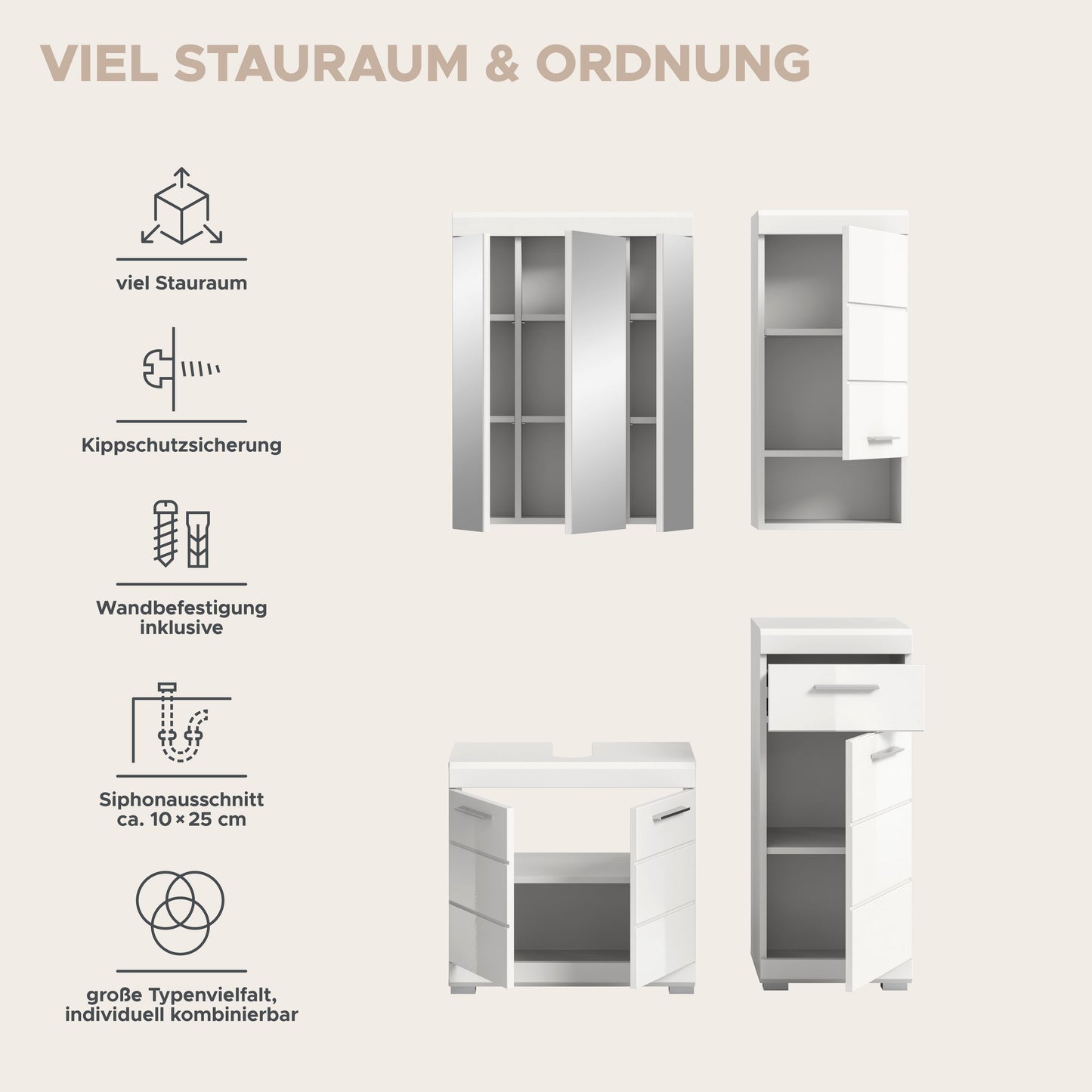 Badezimmerset mit Stauraum: Spiegelschrank, Waschtischunterschrank und Hochschrank