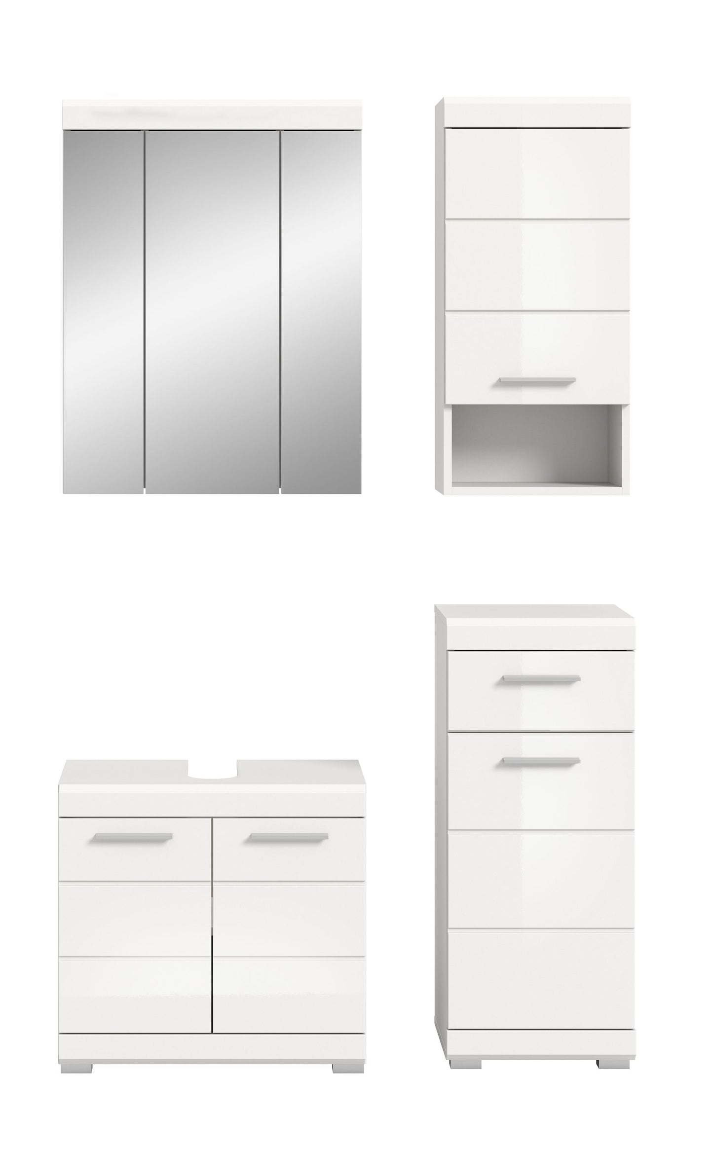 Badezimmerset in Weiß: Spiegelschrank, Waschbecken-Unterschrank und Hochschrank mit Fächern