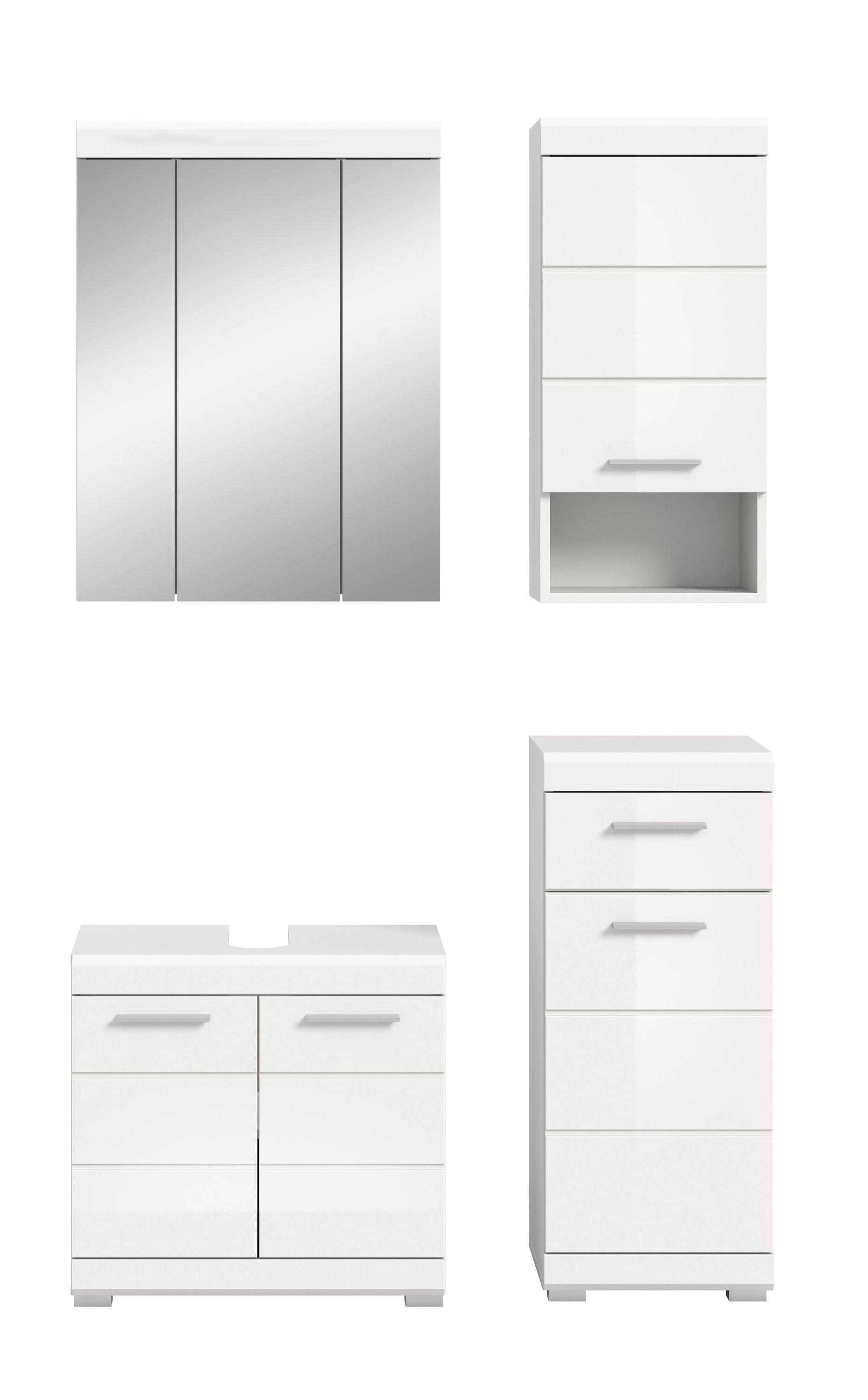 Badezimmerset in Weiß: Spiegelschrank, Waschbecken-Unterschrank und Hochschrank mit Fächern