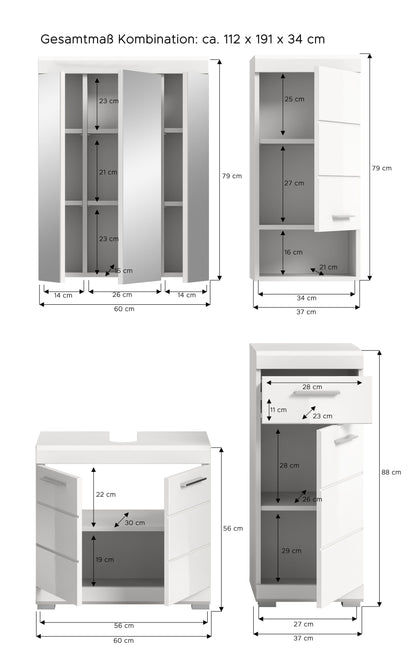 Badezimmerset in Weiß mit Maßdarstellung: Spiegelschrank, Waschtischunterschrank und Hochschrank