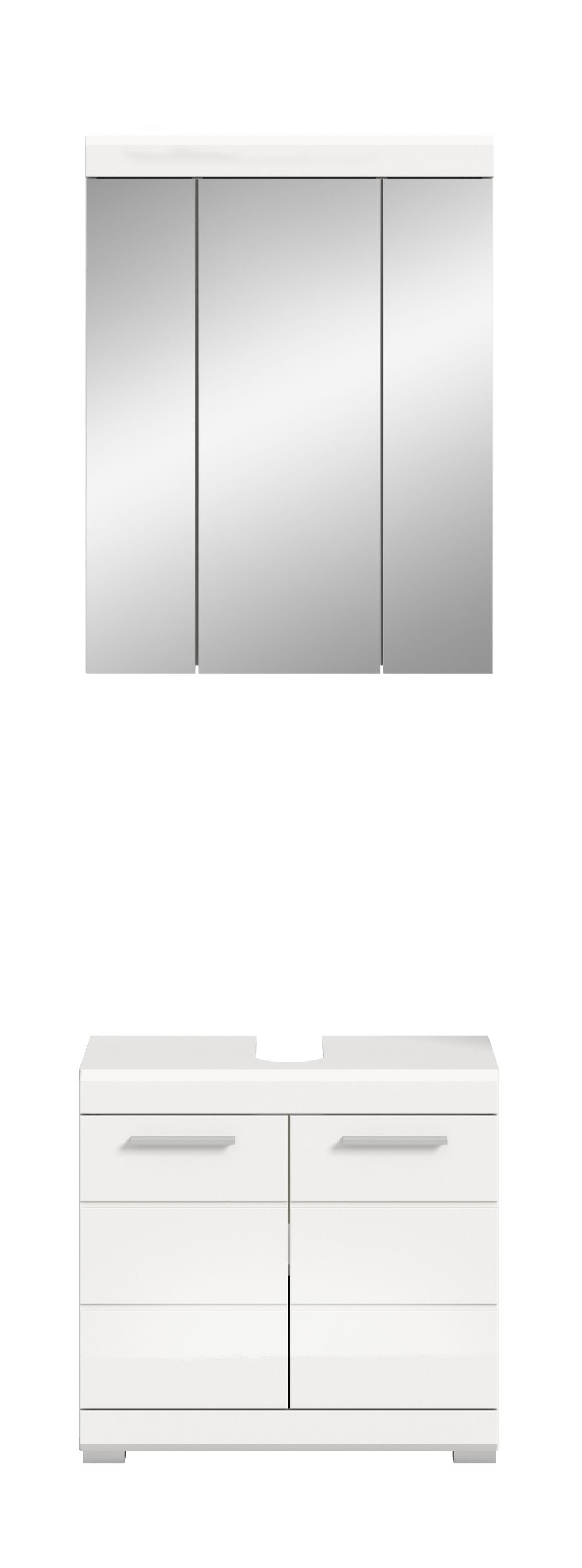 Weißes Badezimmerschrank-Set mit Oberschrank und Unterkommode, Türen und Schubladen