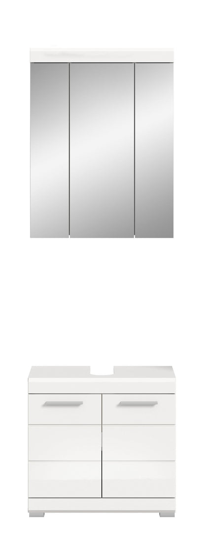 Weißes Badezimmerschrank-Set mit Oberschrank und Unterkommode, Türen und Schubladen