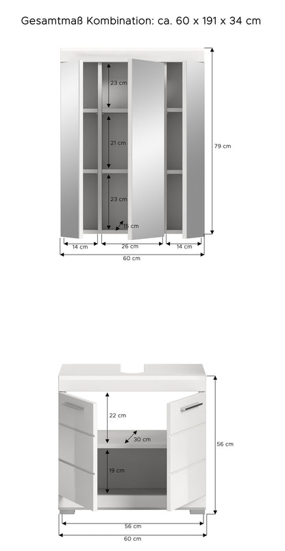 Maßskizze Badezimmerschrank-Set: Breite 60 cm, Höhe 191 cm, Tiefe 34 cm
