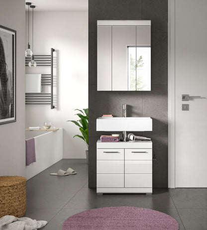 Badezimmer-Waschtischmöbel mit weißem Unterschrank und Spiegelschrank, Front mit Griffen
